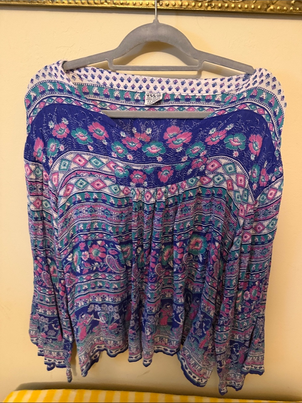 VTG Geeta India Boho Peasant Blouse Free Size Floral Elephant Print